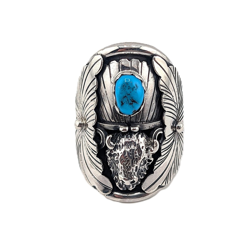 Navajo Men's Buffalo Ring Sterling Silver Turquoise‎ Signed Junior Begay 12**